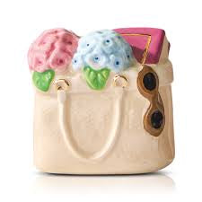 Nora Fleming Minis ceramic beige handbag figurine with ice cream scoops, book, and sunglasses. Sizes available: Mini.