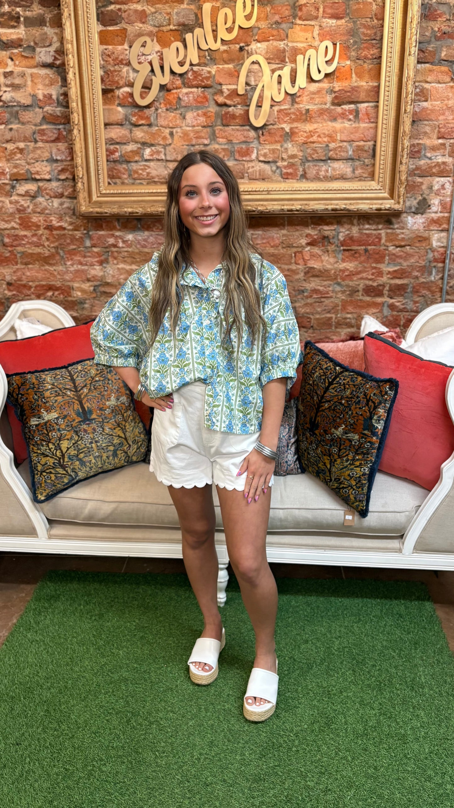 White Scallop Trim High Waist Shorts; available in S, M, L.
