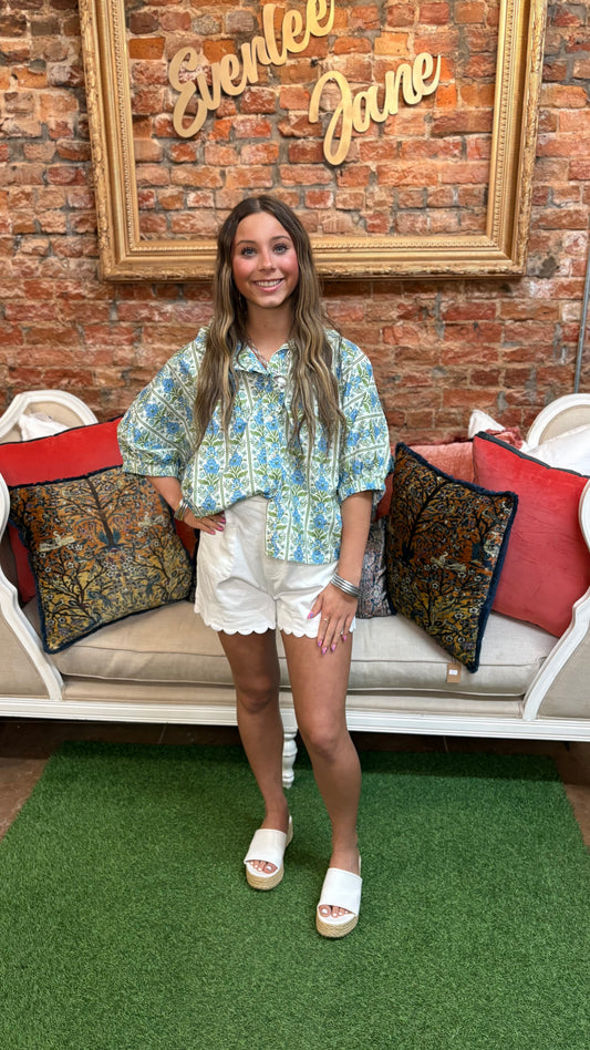 White Scallop Trim High Waist Shorts; available in S, M, L.