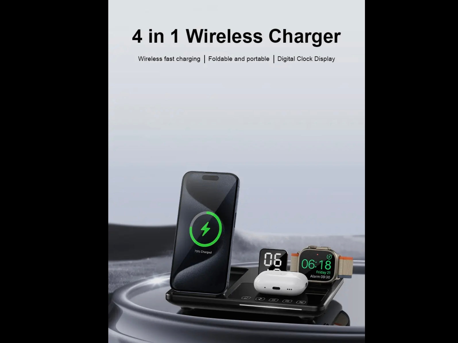 4-In-1 Wireless Charger with clock, fast charging, foldable design. Compact, portable. Sizes: Small, Medium, Large.