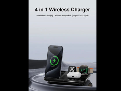 4-In-1 Wireless Charger with clock, fast charging, foldable design. Compact, portable. Sizes: Small, Medium, Large.