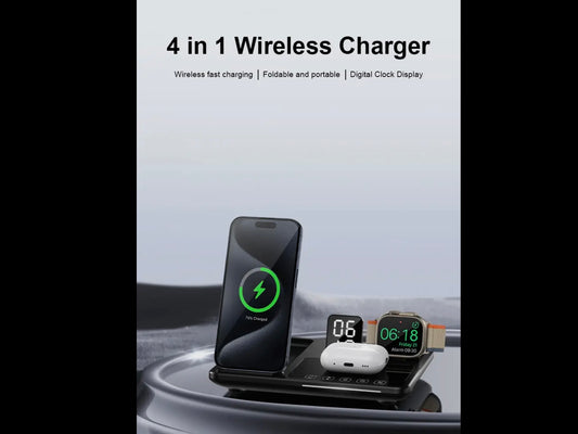 4-In-1 Wireless Charger with clock, fast charging, foldable design. Compact, portable. Sizes: Small, Medium, Large.