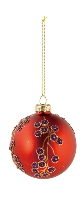 Botanical Glass Ornament: a red spherical glass ornament with gold-stemmed purple glitter clusters, gold cord, and beaded accents.