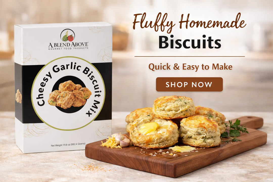 Cheesy Garlic Biscuit Mix package. Available in 10 oz and 20 oz sizes. Text: "Fluffy Homemade Biscuits. Quick &amp; Easy to Make with Cheesy Garlic Biscuit Mix. Shop Now.