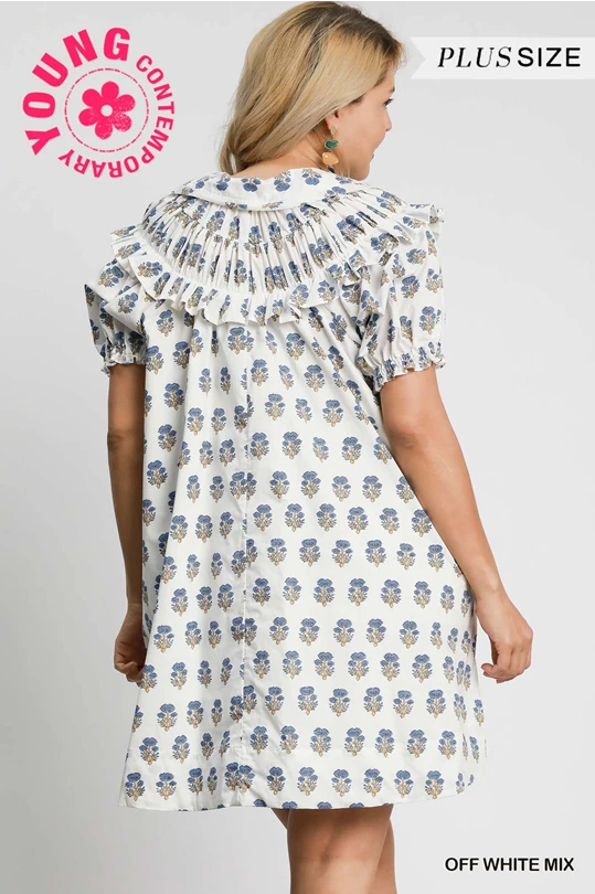 OFF WHITE MIX Bubble Sleeve Dress with short sleeves, ruffles, blue floral print, cotton. Sizes: Young Contemporary, Plus Size.