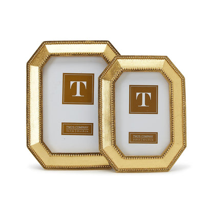 Beads of Gold Photo Frames: classic octagonal shape, beaded detail, gold "T" insert. Available in two sizes.