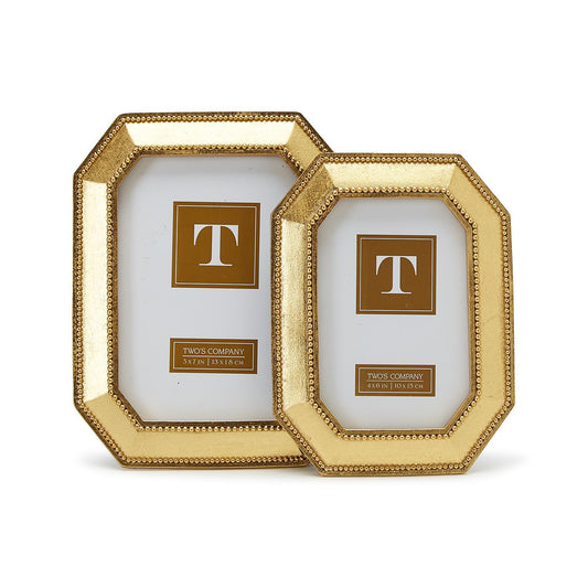 Beads of Gold Photo Frames: classic octagonal shape, beaded detail, gold "T" insert. Available in two sizes.