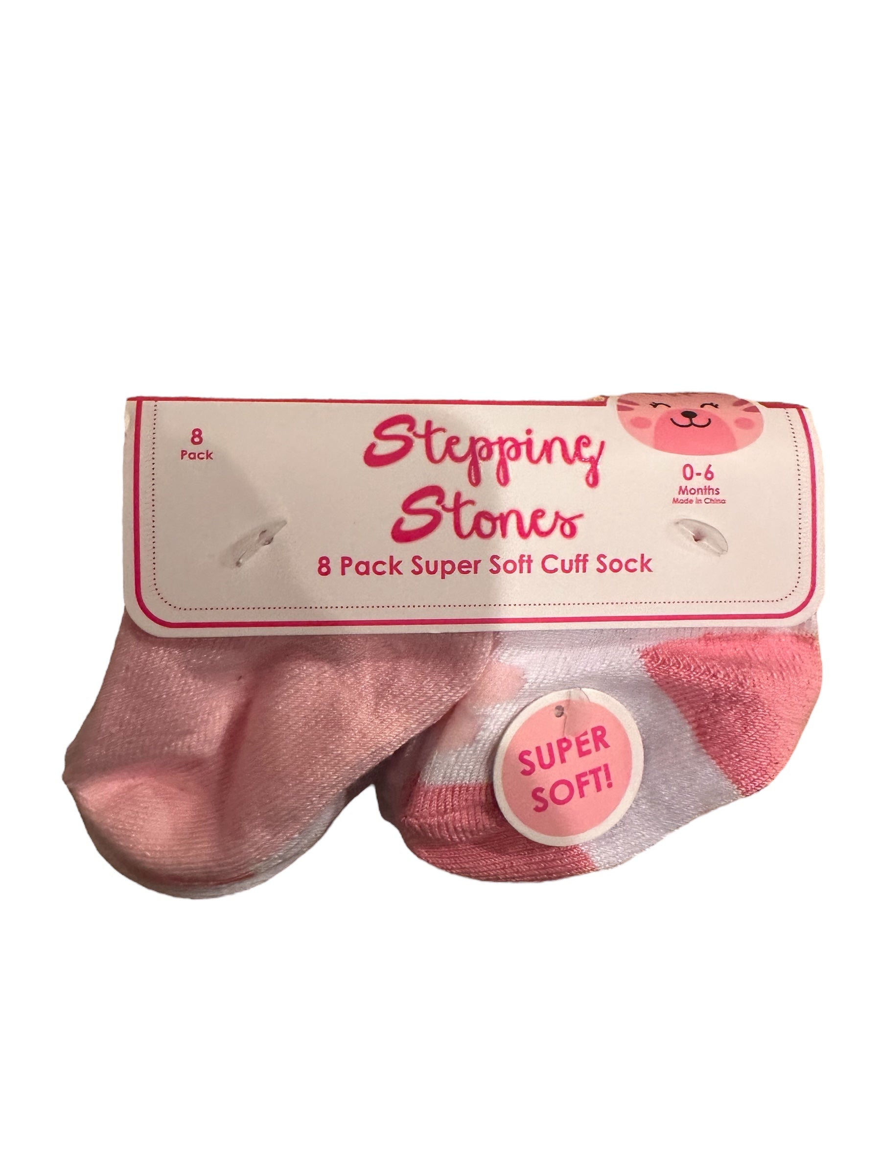 Pack of eight Infant Socks, labeled for 0-6 months, with a mix of pink tones, showcased on a designed cardboard packaging emphasizing "super soft.