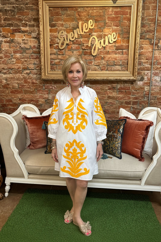 Sunflower Yellow & White Baroque Applique Shift Dress, available in sizes XS–XL.