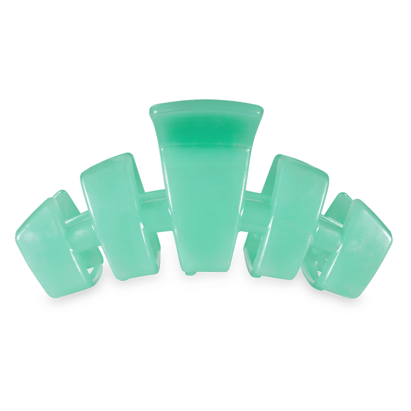 Classic Blue Lagoon TELETIES hair claw: durable, translucent pastel green, five prongs, curved shape. Available in multiple sizes.