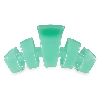 Classic Blue Lagoon TELETIES hair claw: durable, translucent pastel green, five prongs, curved shape. Available in multiple sizes.
