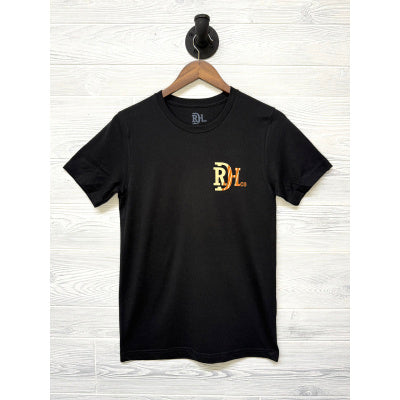 The Smoked T-Shirt by Red Dirt Hat Company: black cotton blend tee with small yellow-orange "RL" logo on left chest. Sizes S-XXL.