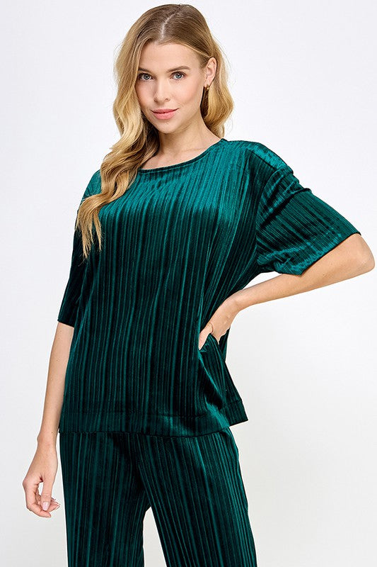 Pleated Velvet Set: loose-fitting, short-sleeved vertically striped top and matching pants. Sizes: XS–XL.