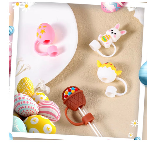 Easter Straw Covers—festive silicone toppers shaped like an egg, bunny, cracked egg, and ice cream cone. Available in multiple sizes to fit various straws or tumblers. Ideal as straw caps or tumbler toppers for spring celebrations.