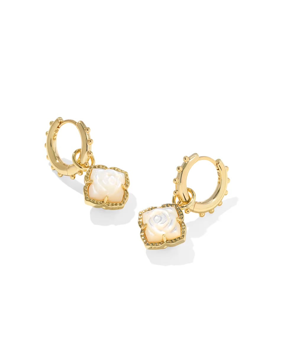 Mallory Rose Gold Huggie Earrings: vintage-inspired hoops, small studs, square white rose-pattern charms. Sizes: 0.5", 0.75".