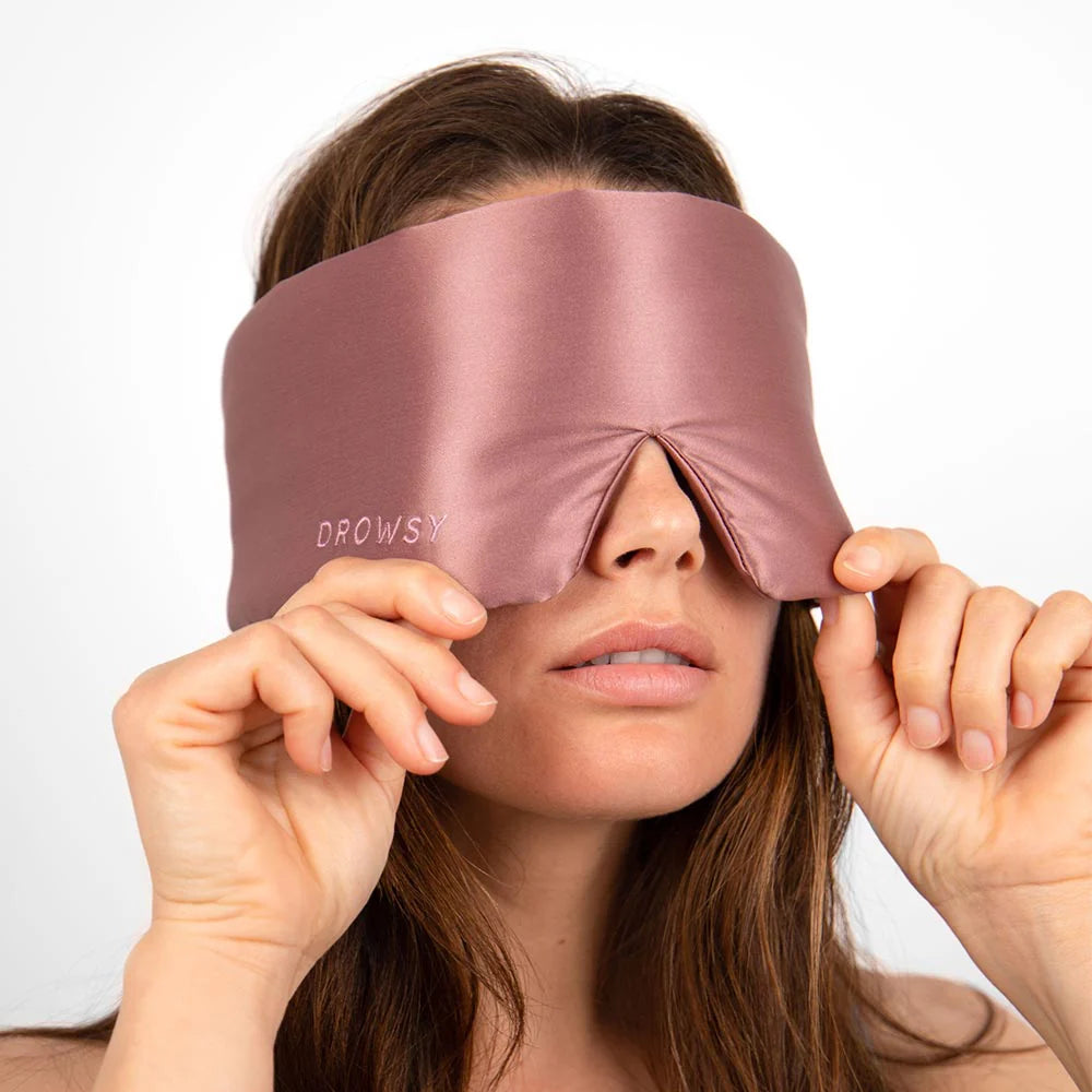 Mauve Drowsy Silk Sleep Mask shown. Available in standard, large, and extra-large sizes.