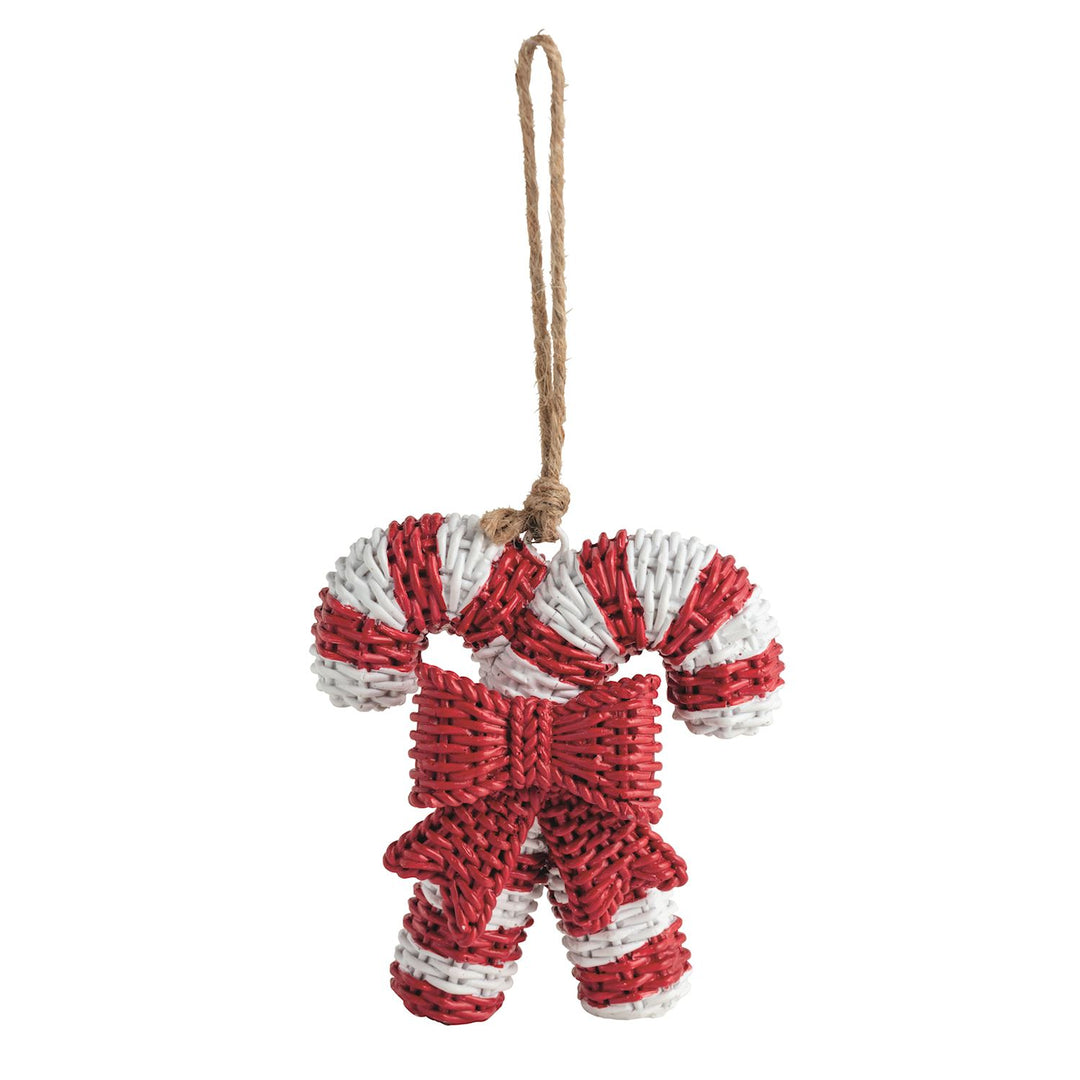 Red and white woven resin wicker candy cane ornament with a red bow and jute hanging string.