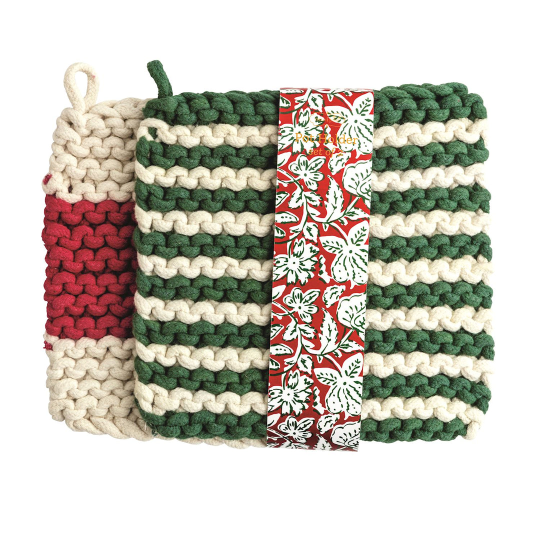 Holiday Knit Pot Holder Set: two chunky crochet pot holders in red-cream and green-cream stripes.