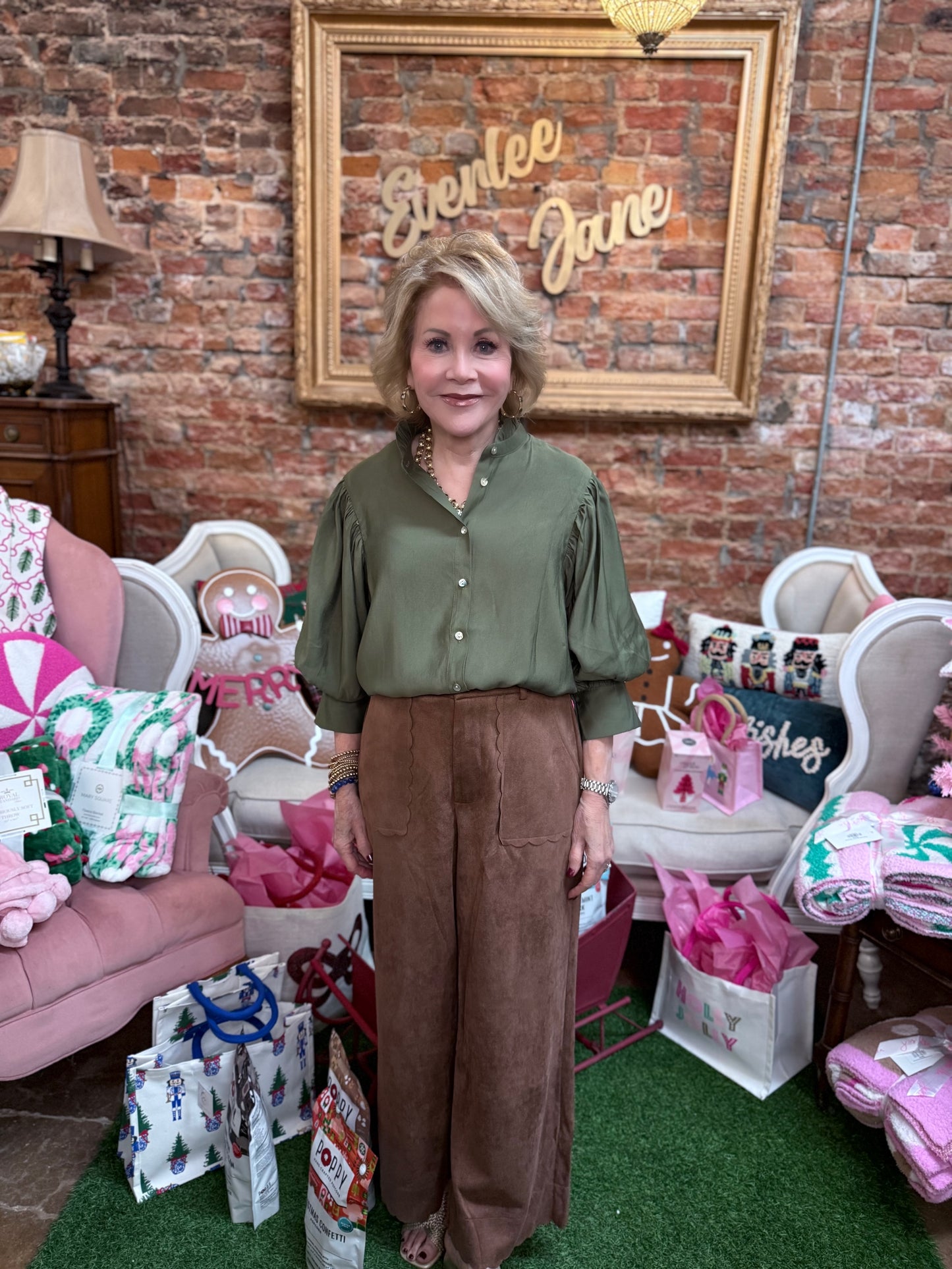 Olive Ruffle Neck Puff Sleeve Blouse