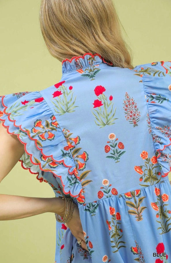 Block Floral Print Midi Dress in blue cotton with colorful floral patterns and red scalloped trim; available in sizes XS–XL.