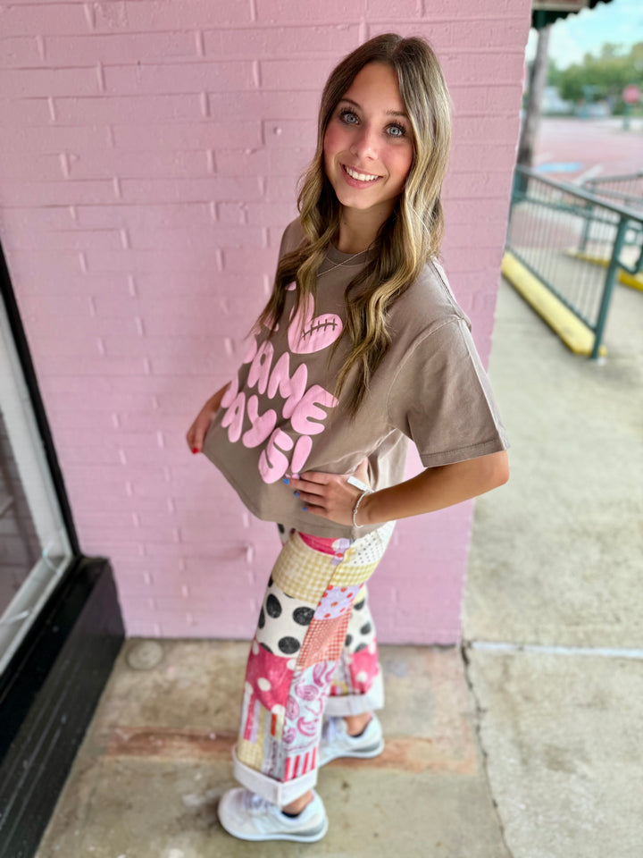 I Heart Game Day Tee with bold pink lettering. Available in sizes S-XL. Perfect for football season.