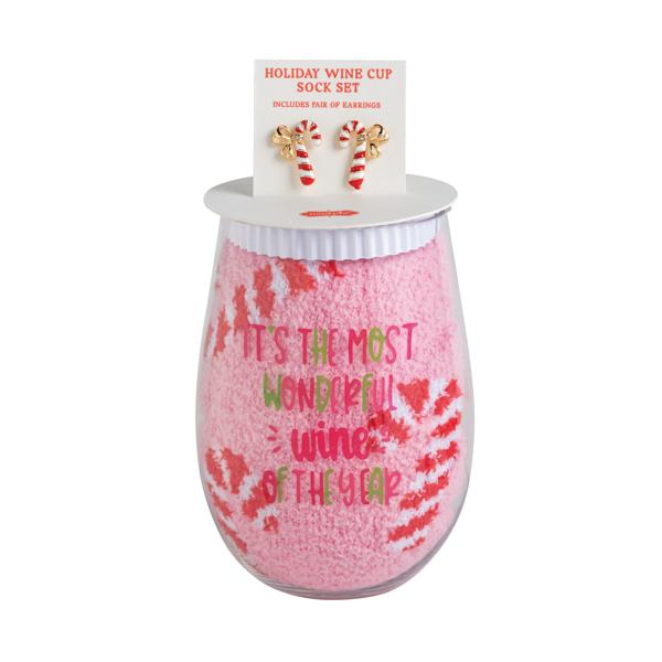 Holiday Wine Glass, Earring, &amp; Sock Set with pink fuzzy socks, festive wine glass, and candy cane earrings.