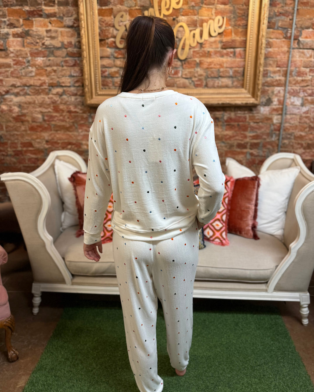 Sophie Confetti Dot Jogger Set: soft white two-piece outfit with multicolor confetti dots. Available in sizes XS–XL.