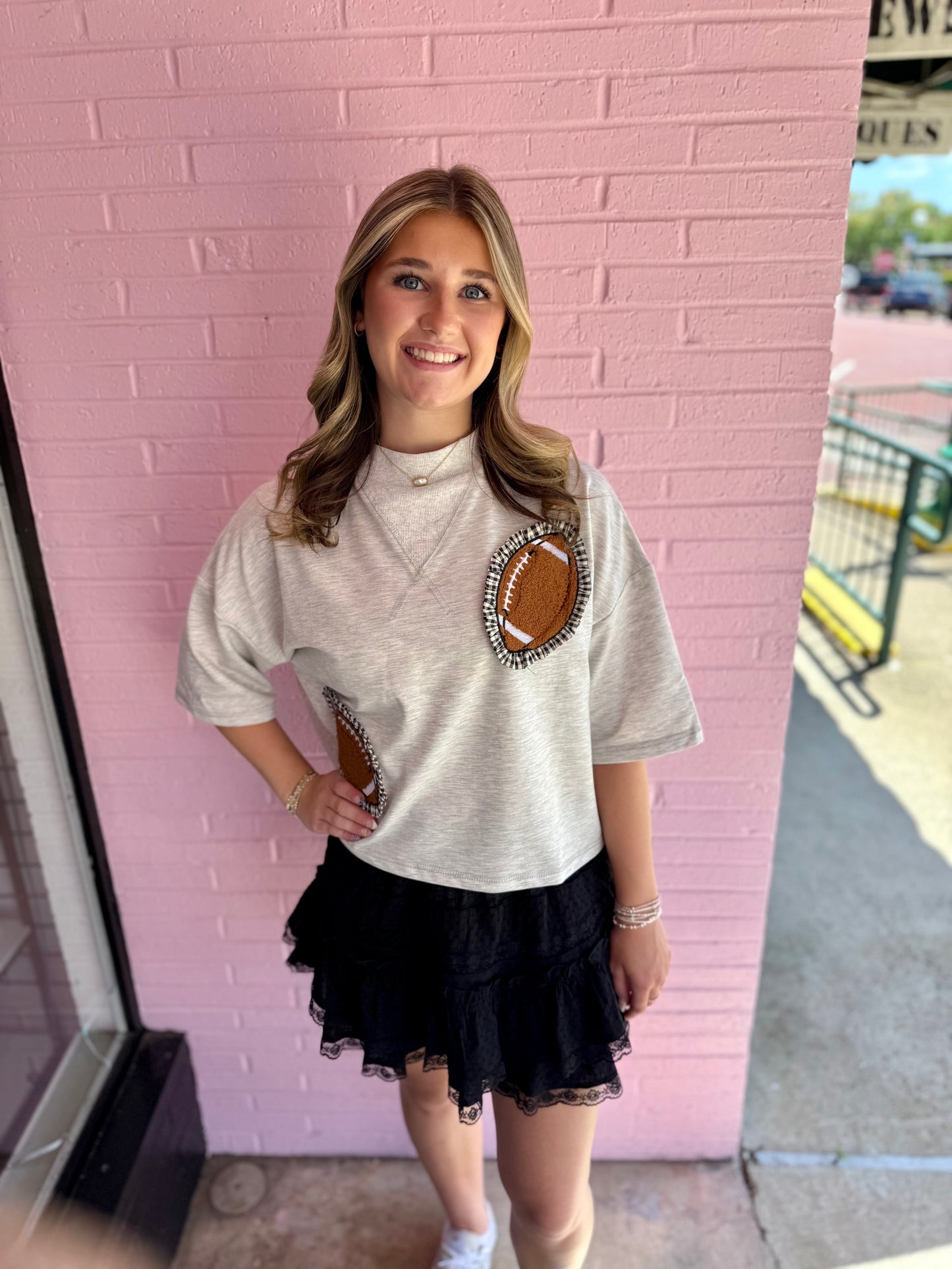 Gameday Gingham Football Patch Top, available in sizes S-XL.
