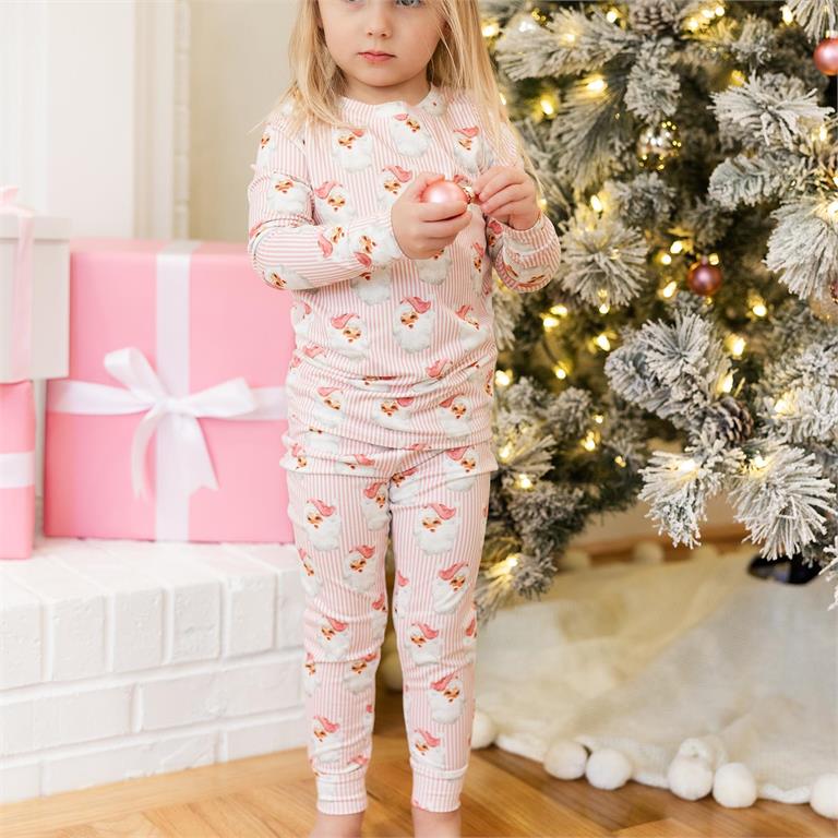 Santa Baby Pink Toddler PJ Set with long-sleeve top and striped Santa-print pants.