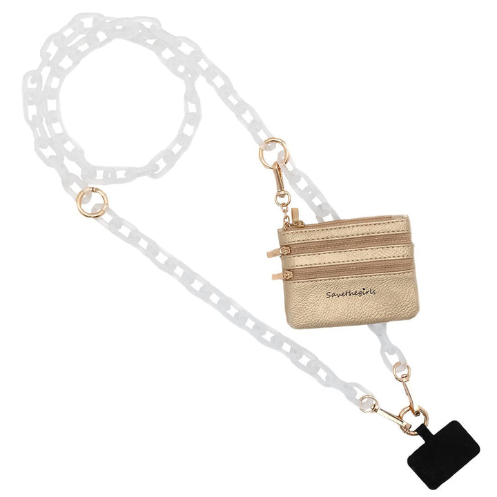 Small gold zippered pouch with "Something" text, chunky translucent white chain, gold hardware. Sizes: S, M, L.
