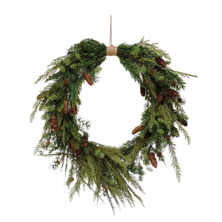 Faux Pine Wreath With Pinecones