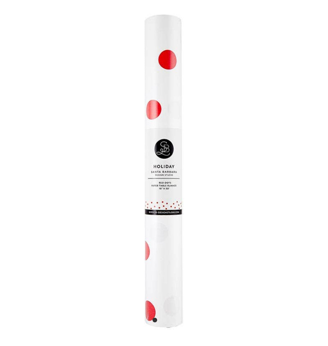 Red dot paper table runner, 18 inches by 50 feet.