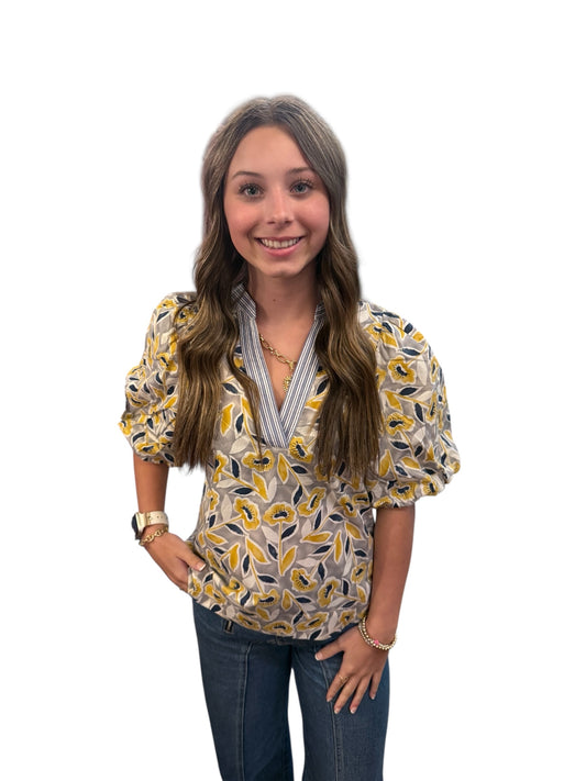Misty Bloom Botanical Puff Sleeve Top in yellow and white, available in sizes XS-XL.