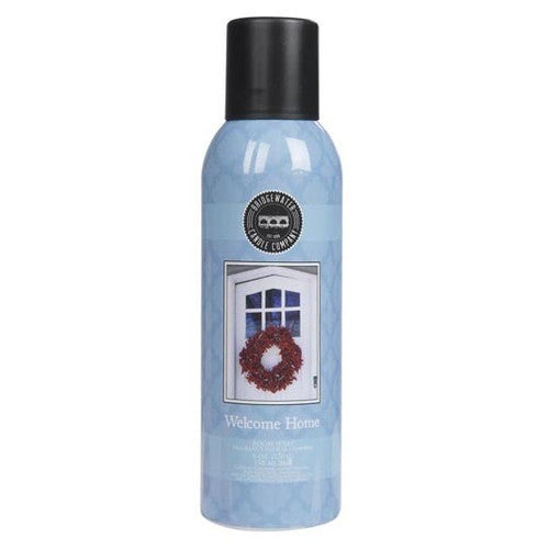 Blue Bridgewater Room Spray can, black cap, red wreath design. Available sizes: 6 oz and 18 oz.