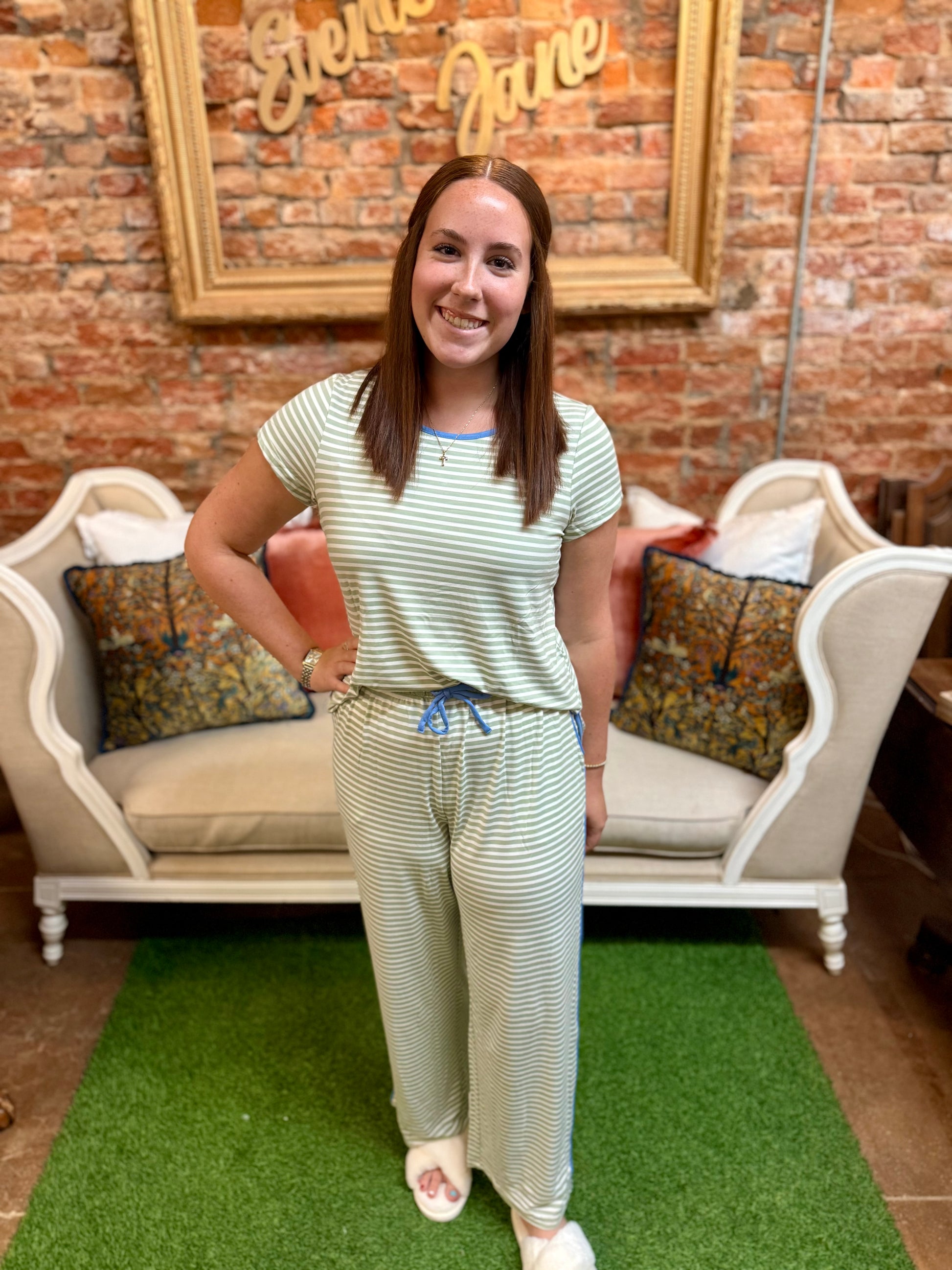 Melody Green Stripe Pants Set: matching lounge set with relaxed-fit pants, available in sizes XS–XL.