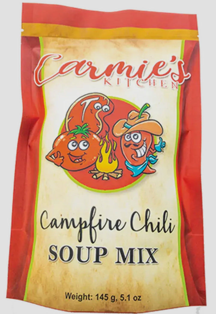 Campfire Chili Soup Mix in a red 145g (5.1 oz) packet. All-natural and MSG-free, with cartoon veggies on the packaging.
