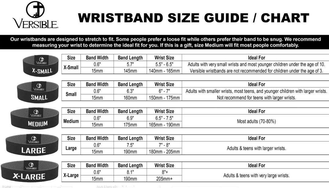 Sizing chart for Tap To Pray™ Wristbands - Boho, showing width, length, and wrist measurements for sizes extra-small through extra-large.
