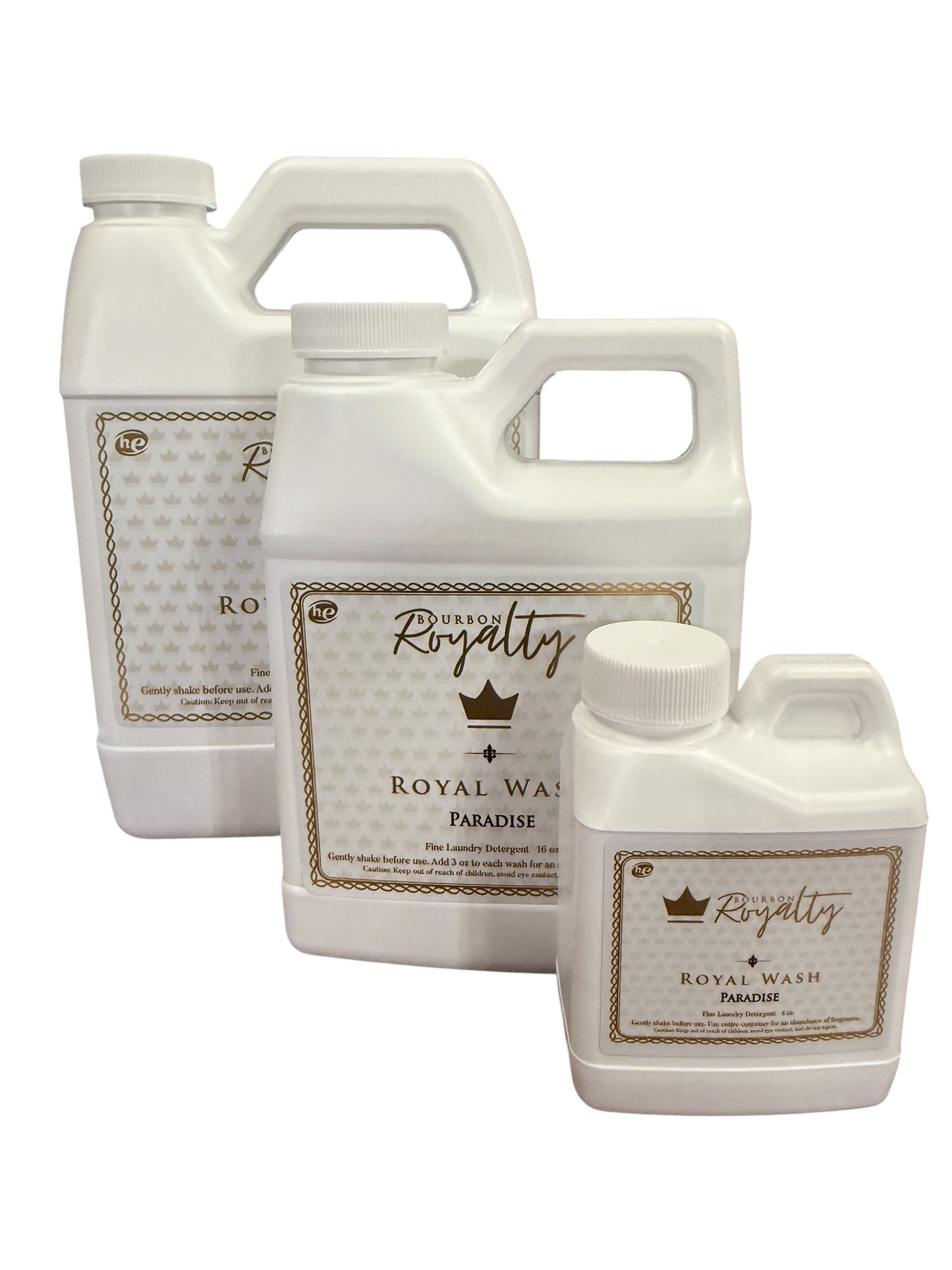 Bourbon Royalty Royal Wash: white bottles with gold crown logos, ornate borders; available in multiple sizes; Creole-scented.