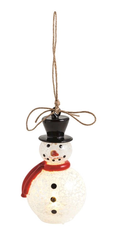 Snowman LED Glass Ornament with black top hat, red scarf, twine hanging loop, glowing glass body, smiling face, and black buttons. Available in multiple sizes.