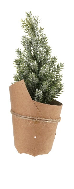 Small faux evergreen tree with a snow finish in a paper-wrapped pot tied with jute twine.