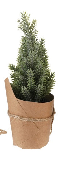 Faux Tree in Paper &amp; Jute, a small snow-finished faux evergreen in a paper-wrapped pot with jute twine.