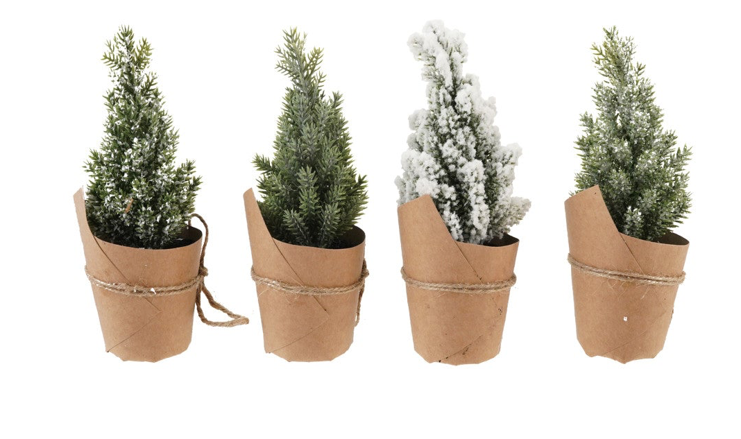 Four Faux Tree in Paper &amp; Jute decorations with snow-dusted needles, paper-wrapped pots, and jute string accents.