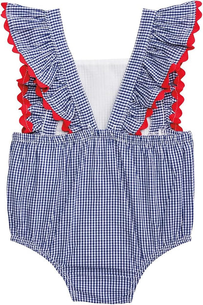 Blue gingham bubble with ruffled red-trimmed straps, open back, and matching bow headband. Sizes: 0-3M to 18-24M.