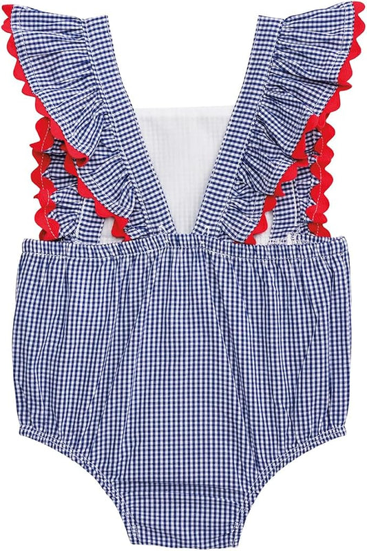 Blue gingham bubble with ruffled red-trimmed straps, open back, and matching bow headband. Sizes: 0-3M to 18-24M.