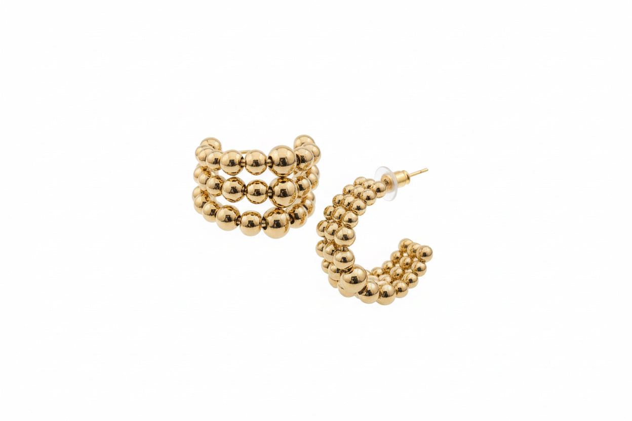 Gold Hoop Earrings Water Resistant, three rows of shiny gold beads, elegant, water resistant. Available in small and large sizes.