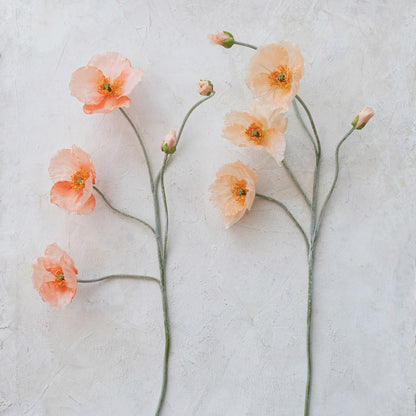 Set of 3 peach and 4 pale peach Faux PoppyFlower Picks with buds. Available sizes: small, medium, large.