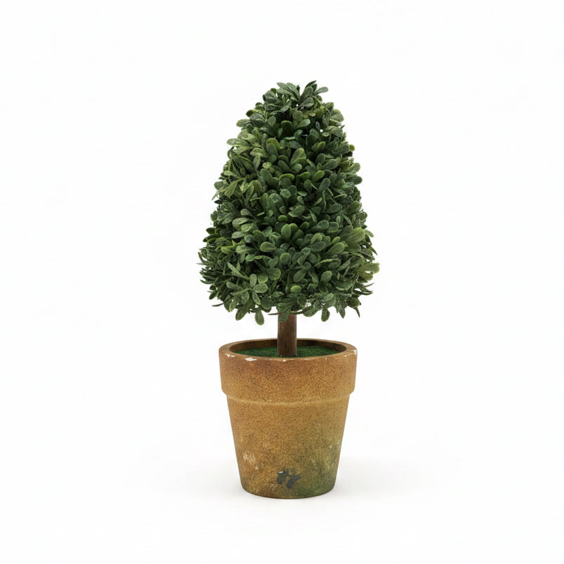 Faux topiary with dense green cone-shaped foliage in a brown terracotta pot. Available in multiple sizes.