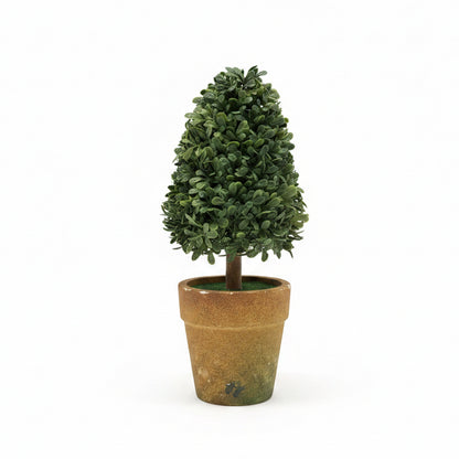 Faux topiary with dense green cone-shaped foliage in a brown terracotta pot. Available in multiple sizes.