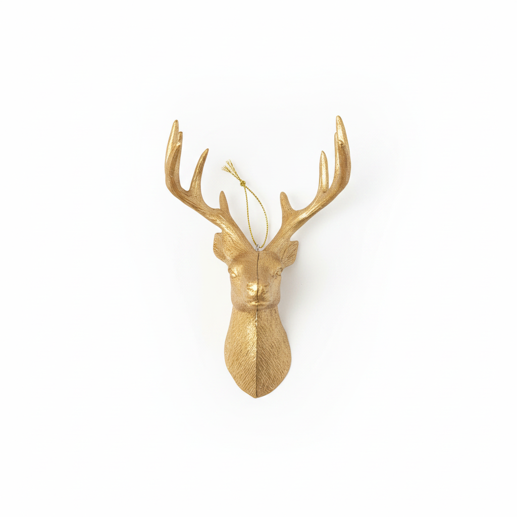 Gold-colored deer bust ornament with antlers and hanging string.