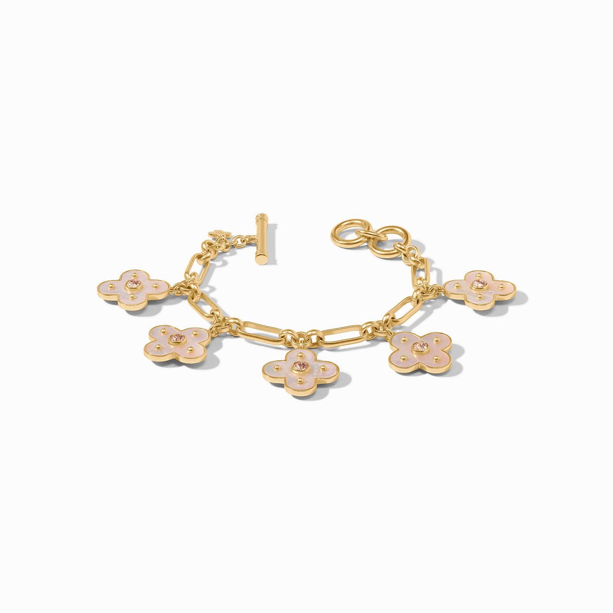 Gold chain bracelet with five pink and gold CZ-centered flower charms. Available in multiple sizes.